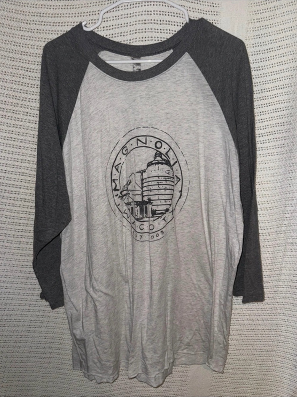 Magnolia Long Sleeve Raglan Tee - Light Gray Body with Charcoal Sleeves Waco TX